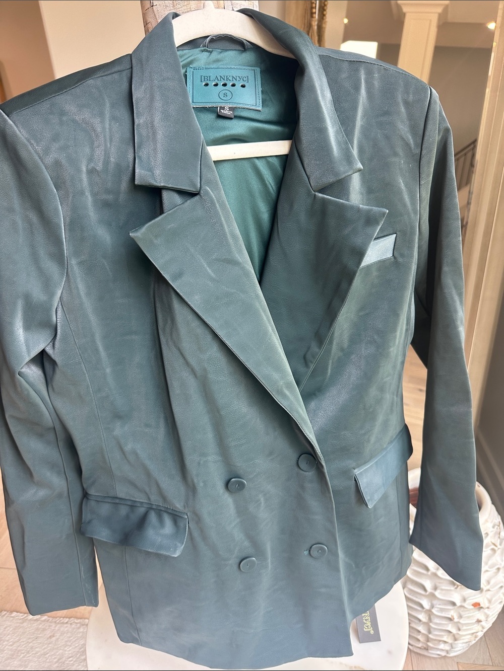 Blank NYC Deep Teal Double-Breasted Vegan Leather Blazer